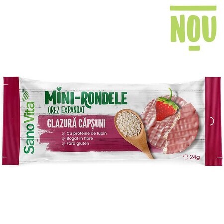 Mini rondele din orez cu glazura de capsuni, 24 gr, Sanovita