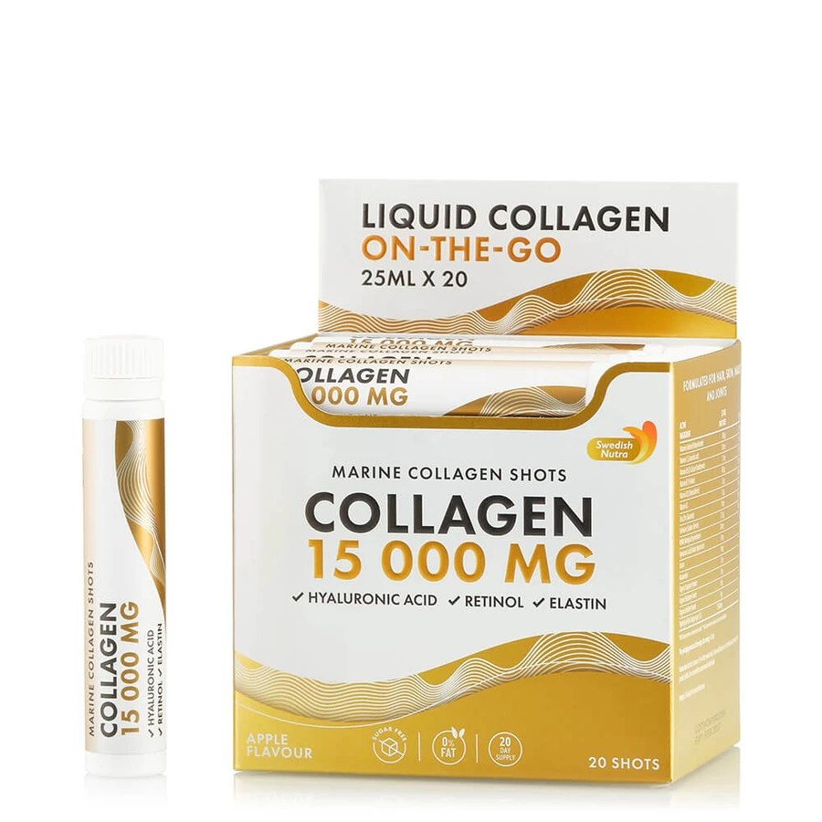 Vloeibaar gehydrolyseerd marien collageen type 1 en 3 15.000 mg + hyaluronzuur 50 mg + retinol 800 mcg, 25 ml x 20, Swedish Nutra