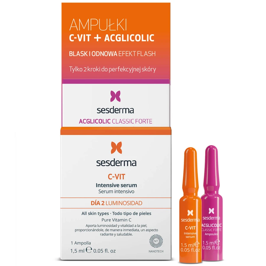 Sesderma Flash Effect, Acglicolic Classic Forte + C-Vit Intensief Serum, 2 x 1,5 ml
