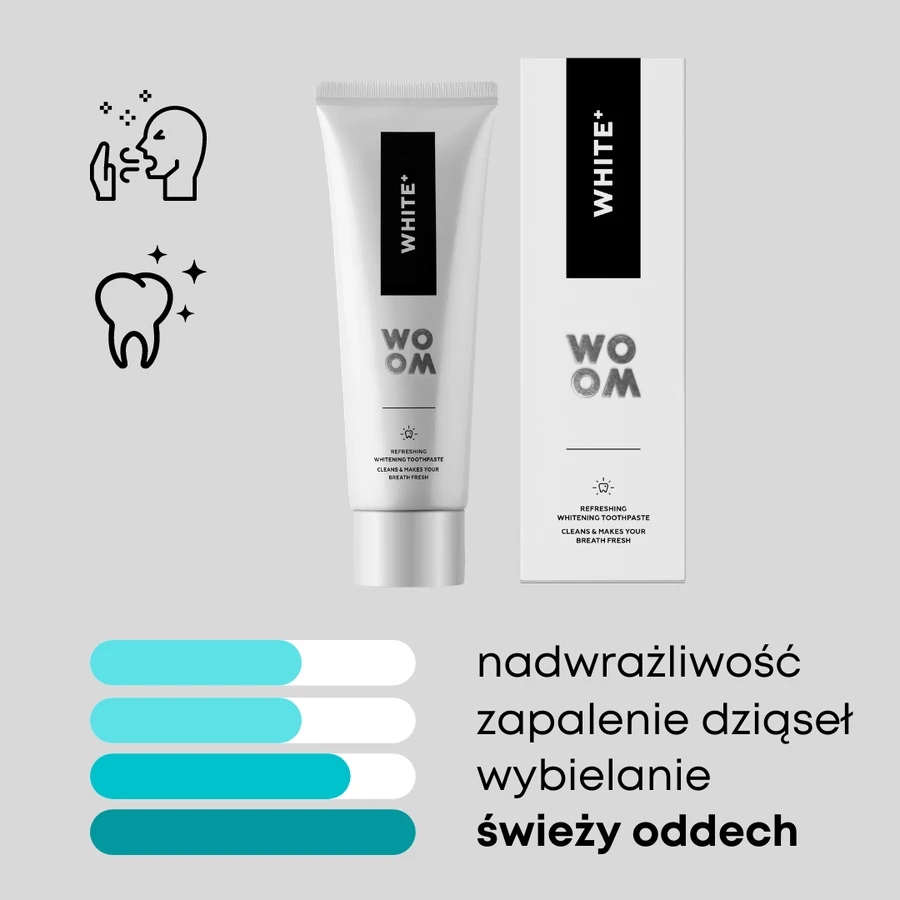 Woom, White +, antibacteriële whitening tandpasta, 75 ml