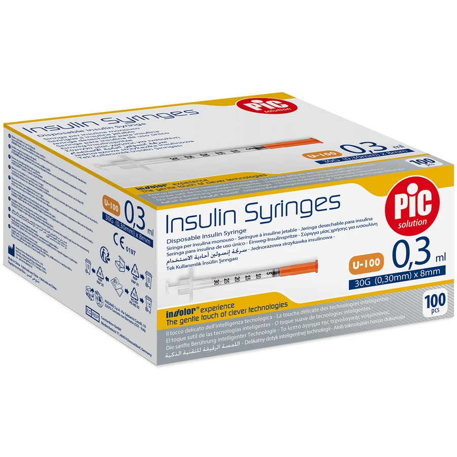 Pic Solution Insulin Syringes, 0.3 ml insulin syringe with 31G (0.25 mm) x 8 mm needle, 100 pieces
