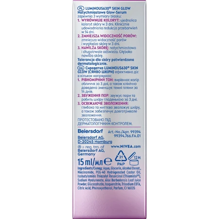 Nivea Luminous 630 Skin Glow, instant glow-serum, 15 ml