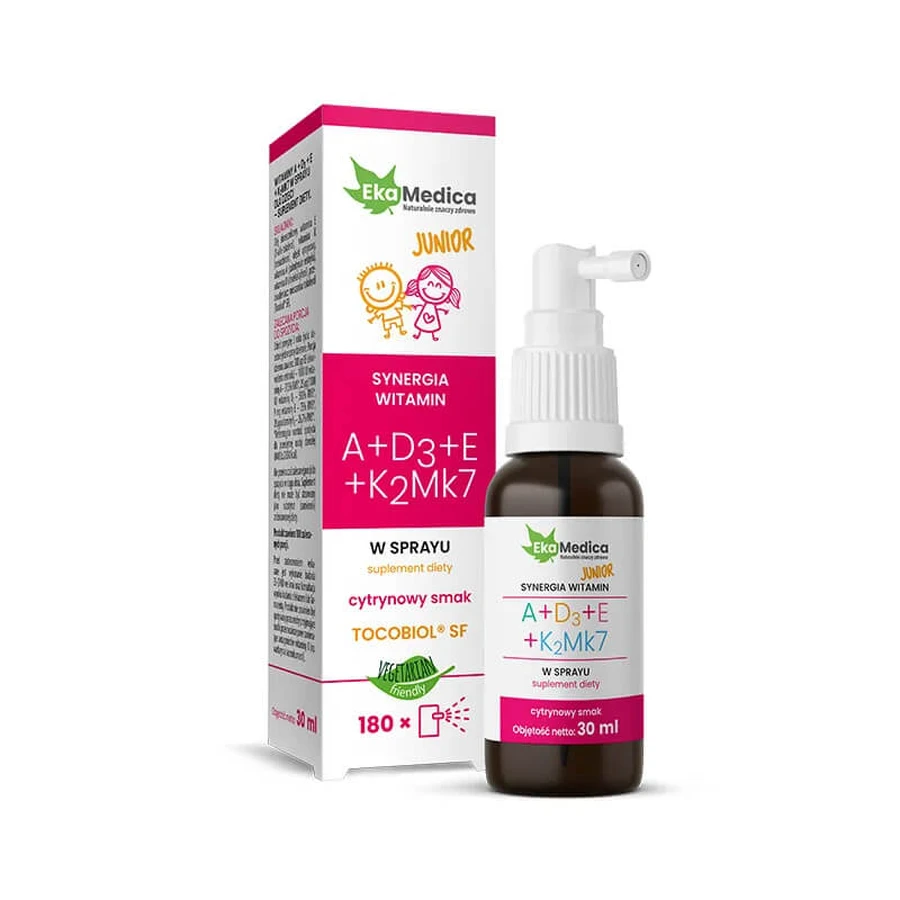 EkaMedica Vitamina A + D3 + E + K2MK7 Junior, spray, sabor limón, a partir de 3 años, 30 ml