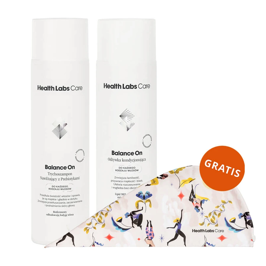 Health Labs Balance On kit, prebiotische vochtinbrengende trichocampoo, 250ml + conditionerende conditioner voor de haarschacht, 200ml + haartulband gratis