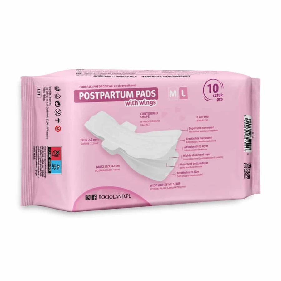 Bocioland, postpartum pads with wings, high absorbency, day and night, 10 pieces