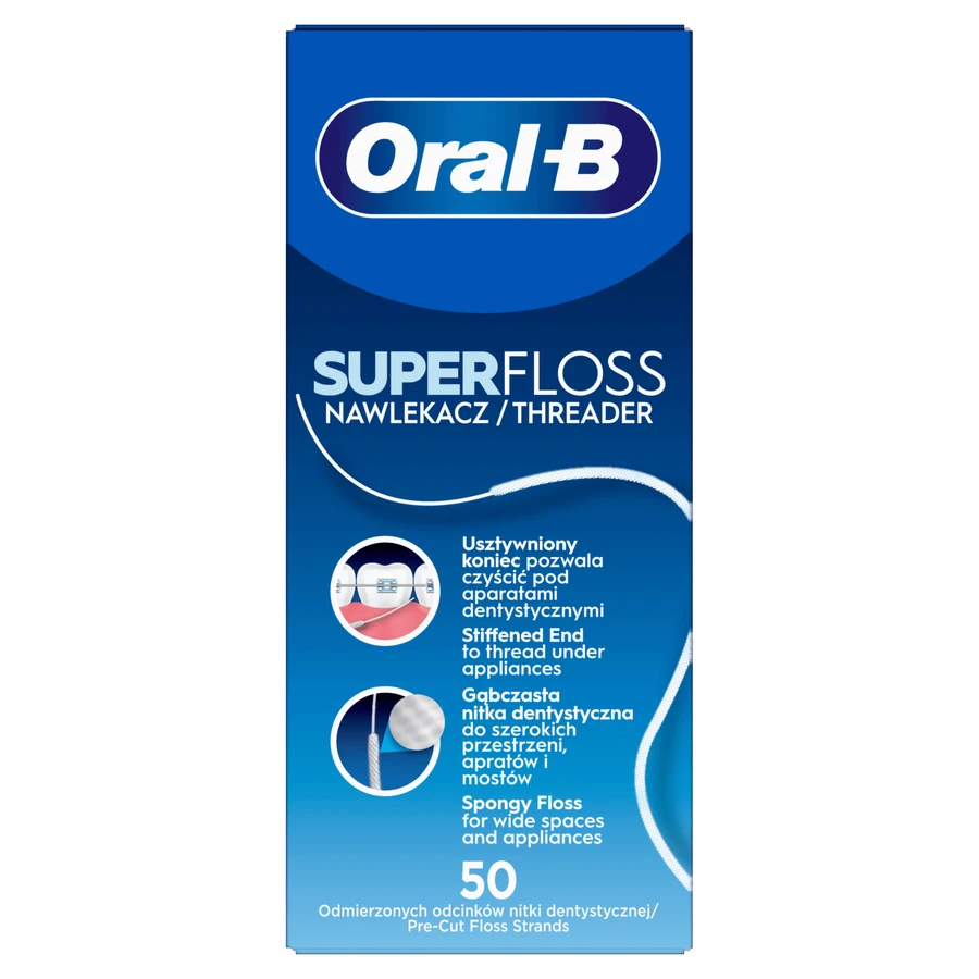 Oral-B Super Floss, nić dentystyczna do czyszczenia aparatów ortodontycznych i mostów, 50 sztuk: ceny i cechy