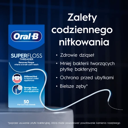 Oral-B Super Floss, nić dentystyczna do czyszczenia aparatów ortodontycznych i mostów, 50 sztuk: ceny i cechy
