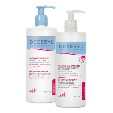 Set Dexeryl, leche corporal nutritiva, 500 ml + crema limpiadora de ducha para bebés, niños y adultos, piel muy seca y atópica, 500 ml