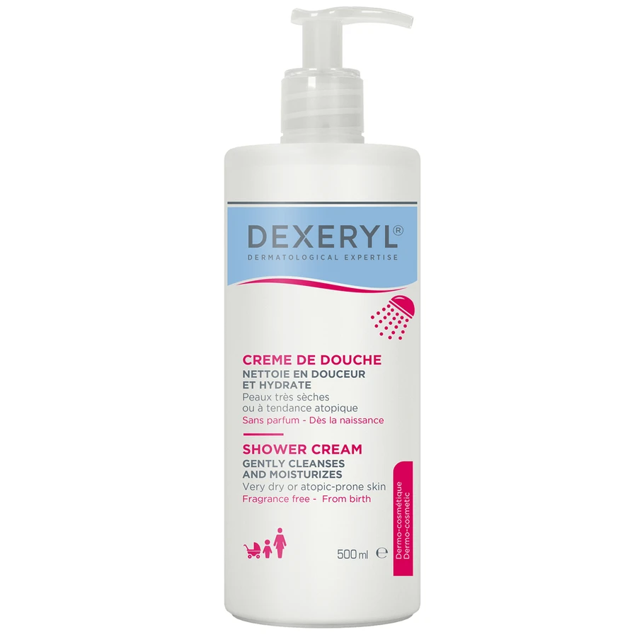 Set Dexeryl, leche corporal nutritiva, 500 ml + crema limpiadora de ducha para bebés, niños y adultos, piel muy seca y atópica, 500 ml