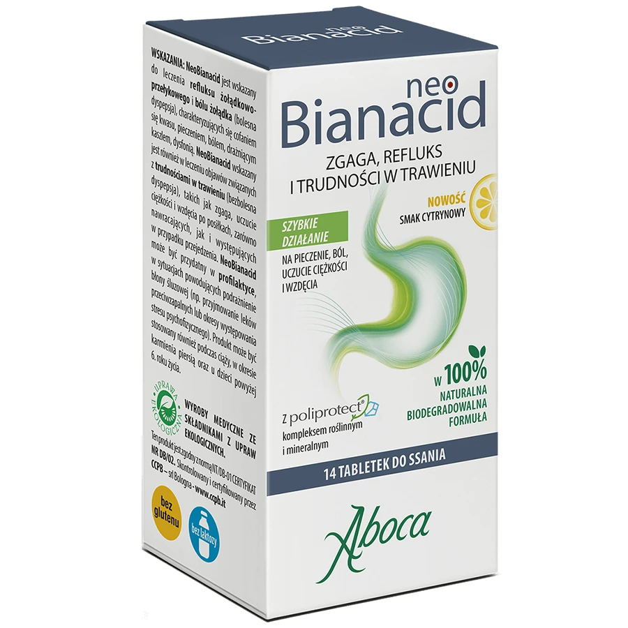 NeoBianacid, acidez, reflujo y dificultades digestivas, sabor limón, 14 pastillas para chupar