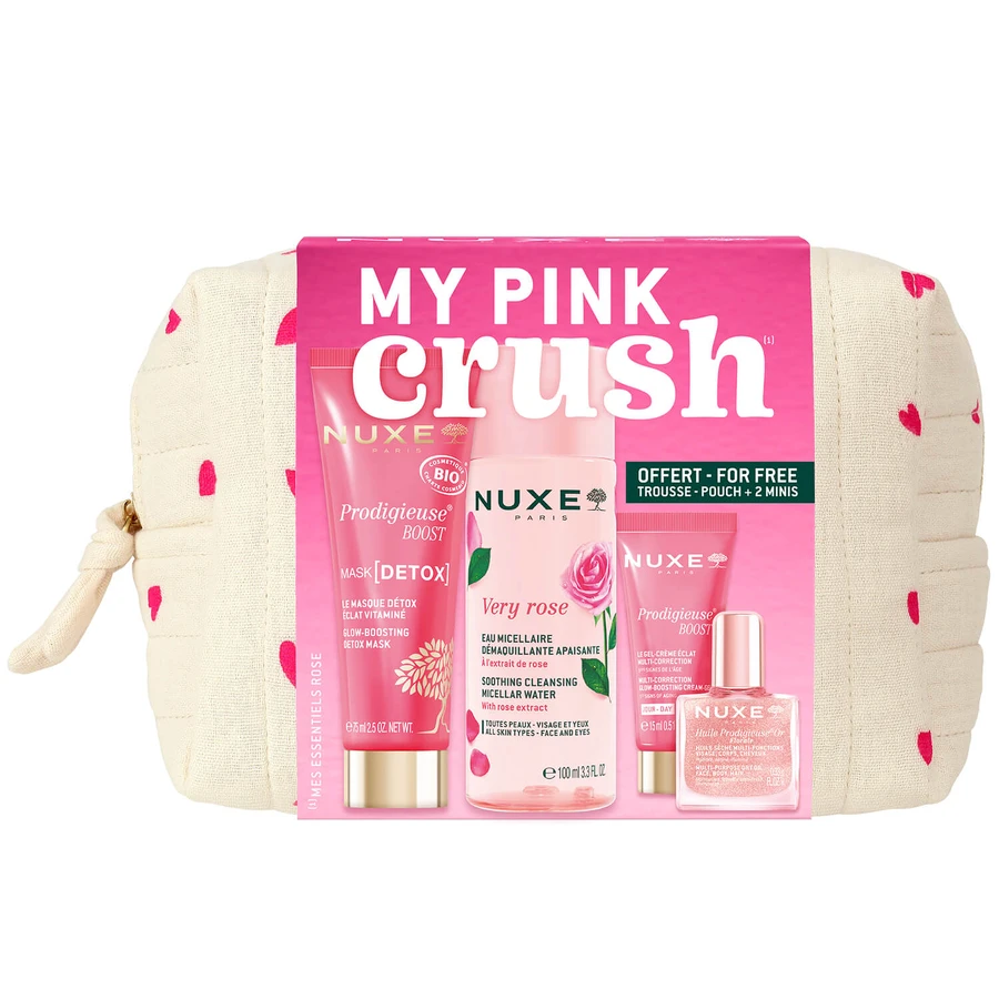 Nuxe My Pink Crush set, masker, 75 ml + micellair water, 100 ml + crème, 15 ml + Or Florale droge olie, 10 ml + make-uptasje