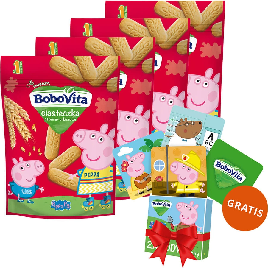 Set BoboVita Peppa Pig Tarwekoekjes, na 1 jaar, 4 x 150 g + memory speelkaarten, 24 gratis