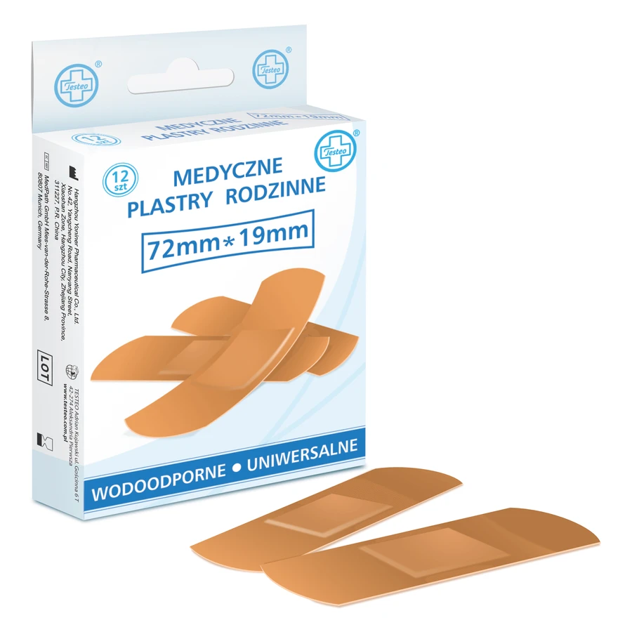 Testeo, wasserdichte Pflaster mit Verband, fleischfarben, 19 mm x 72 mm, 12 Stück