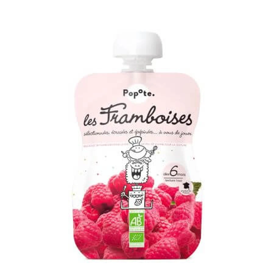 Puré ecológico con 60% de frambuesas, 6 meses+, 120 g, Popote
