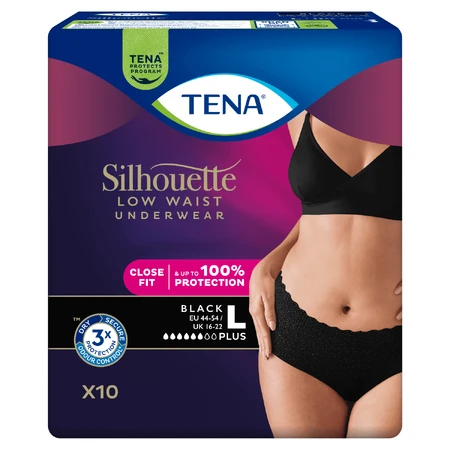 Tena Silhouette Plus Schwarz, diskrete saugfähige Höschen für Frauen, Größe L, 10 Stück