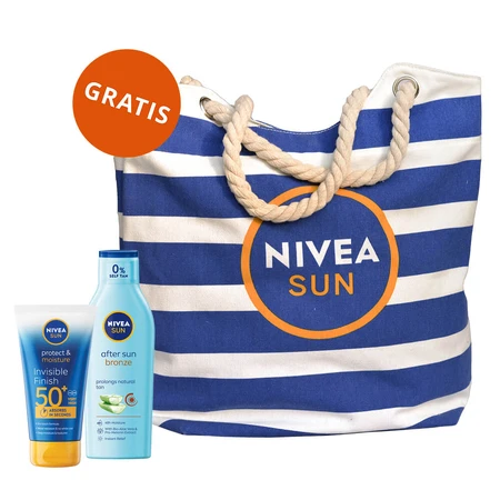 Nivea Sun Invisible Finish set, loción solar hidratante, FPS 50+, 150 ml + loción prolongadora para después del sol, 200 ml + bolsa de playa de regalo