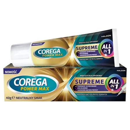 Corega Power Max Supreme All-In 1, krem mocujący do protez zębowych, neutralny, 40 g: ceny i cechy