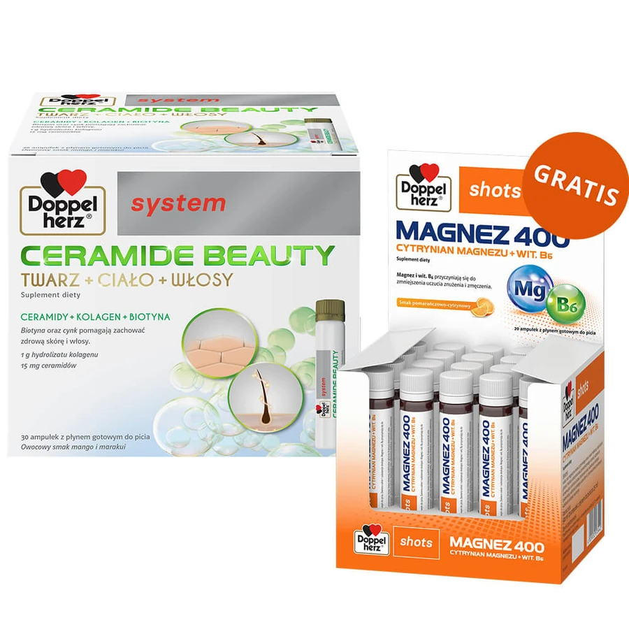 Sistem Doppelherz Ceramide Beauty, aromă de fructe mango și fructul pasiunii, 25 ml x 30 fiole + Magneziu 400, lichid, aromă de portocale și lămâie, 25 ml x 20 fiole gratuit