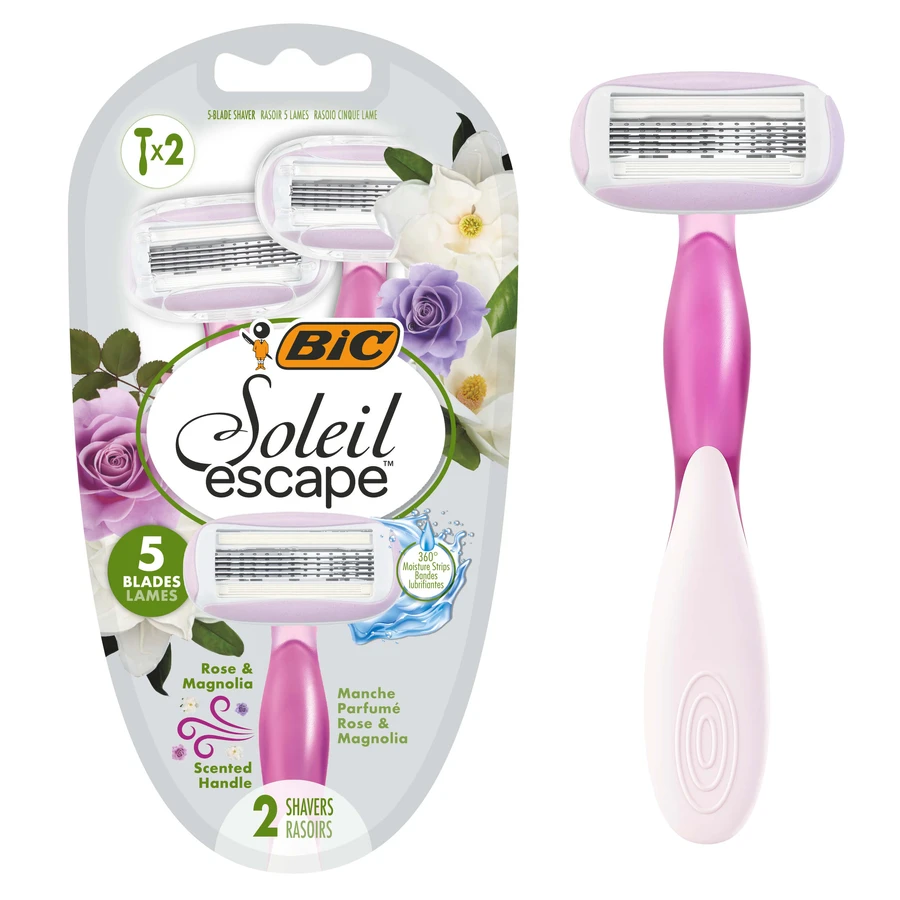 BIC Soleil Escape, maquinilla de afeitar femenina, desechable, cinco hojas, Rosa y Magnolia, 2 piezas