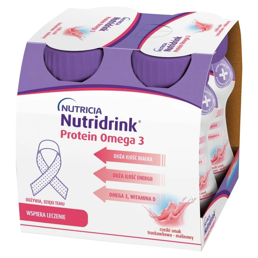 Set Nutridrink Protein Omega 3, voedingspreparaat, frisse aardbei-frambozensmaak, 8 x 125 ml + gratis receptenboekje