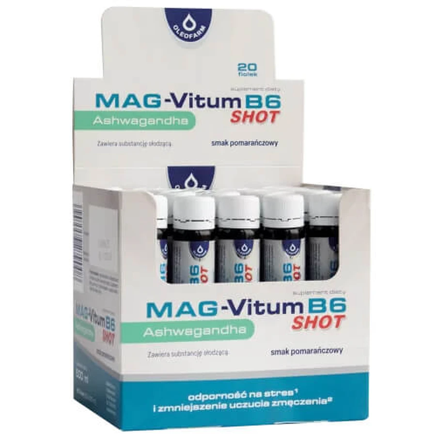 Oleofarm Mag-Vitum B6 Ashwagandha, shot, sinaasappelsmaak, 25 ml x 20 flacons