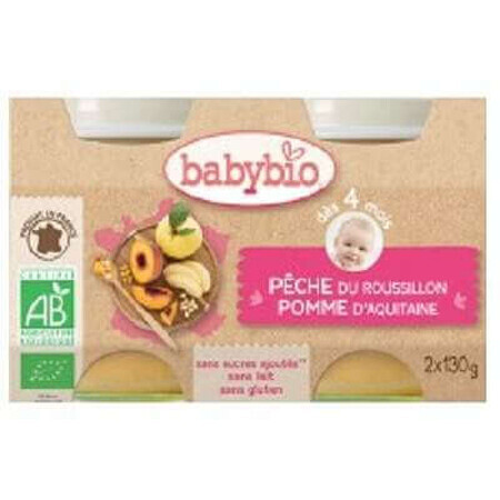 Biologische puree met perziken en appels, +4 maanden, 2x 130g, BabyBio