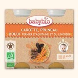 Piure Bio din carne de vacuta de ferma, morcovi si prune uscate, +8luni, 2X200g, BabyBio