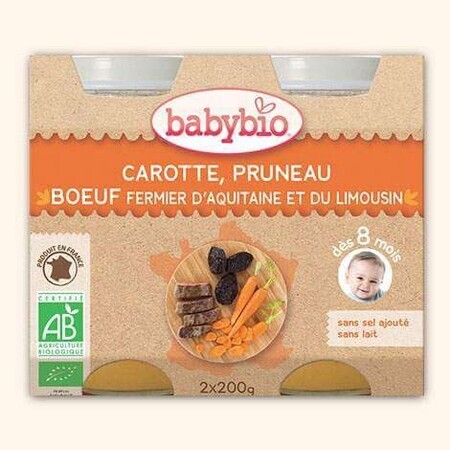 Purée de bœuf fermier bio, carottes et pruneaux, +8mois, 2X200g, BabyBio