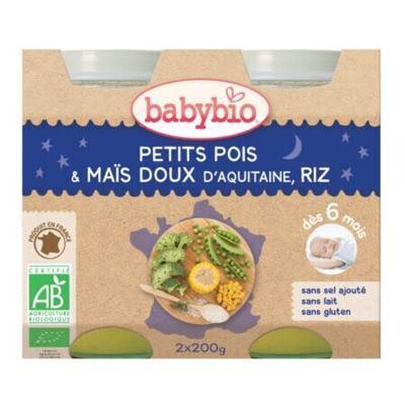 Purée de pois, maïs et riz bio, +6 mois, 2x 200g, BabyBio