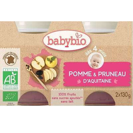 Biologische Appels en Gedroogde Pruimen Puree, +4 maanden, 2x 130g, BabyBio