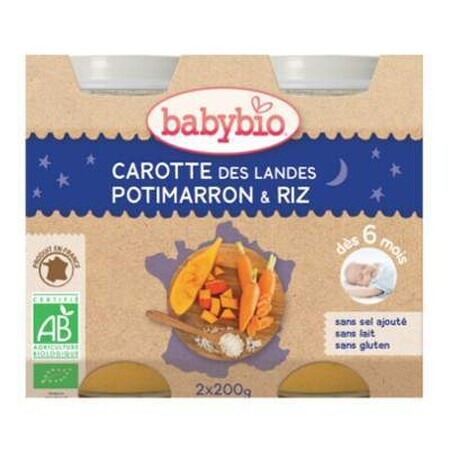 Purée de carotte, de potiron et de riz bio, +6 mois, 2x 200g, BabyBio