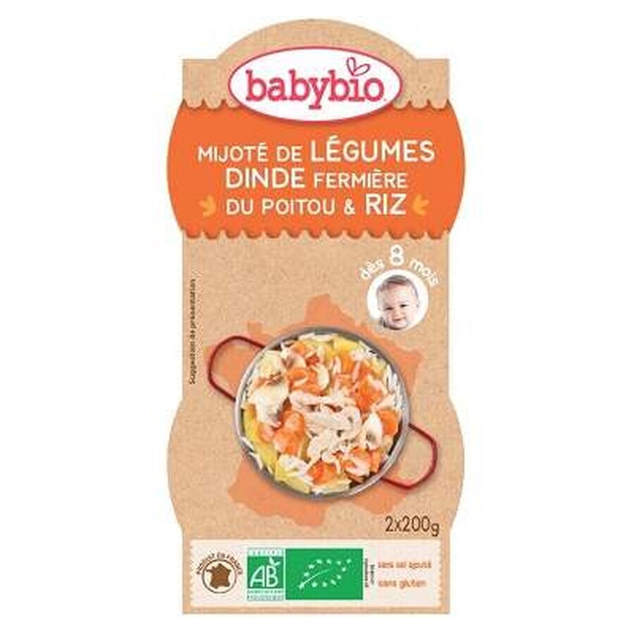 Piure Bio meniu din legume, orez si carne de curcan, +8luni, 2X200g, BabyBio