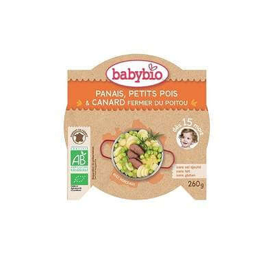 Biologische menupuree van pastinaak, erwten en boerderijeend, +15 maanden, 260 g, Babybio