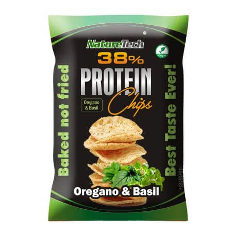 Chipsuri proteice 38% cu aroma de oregano si busuioc, 50 g, Nature Tech