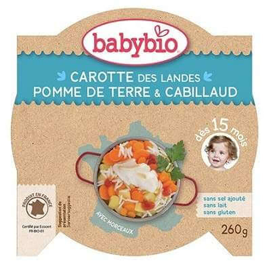 Biologische Menu Puree van kabeljauw met aardappelen en wortelen, +12maanden, 230g, BabyBio