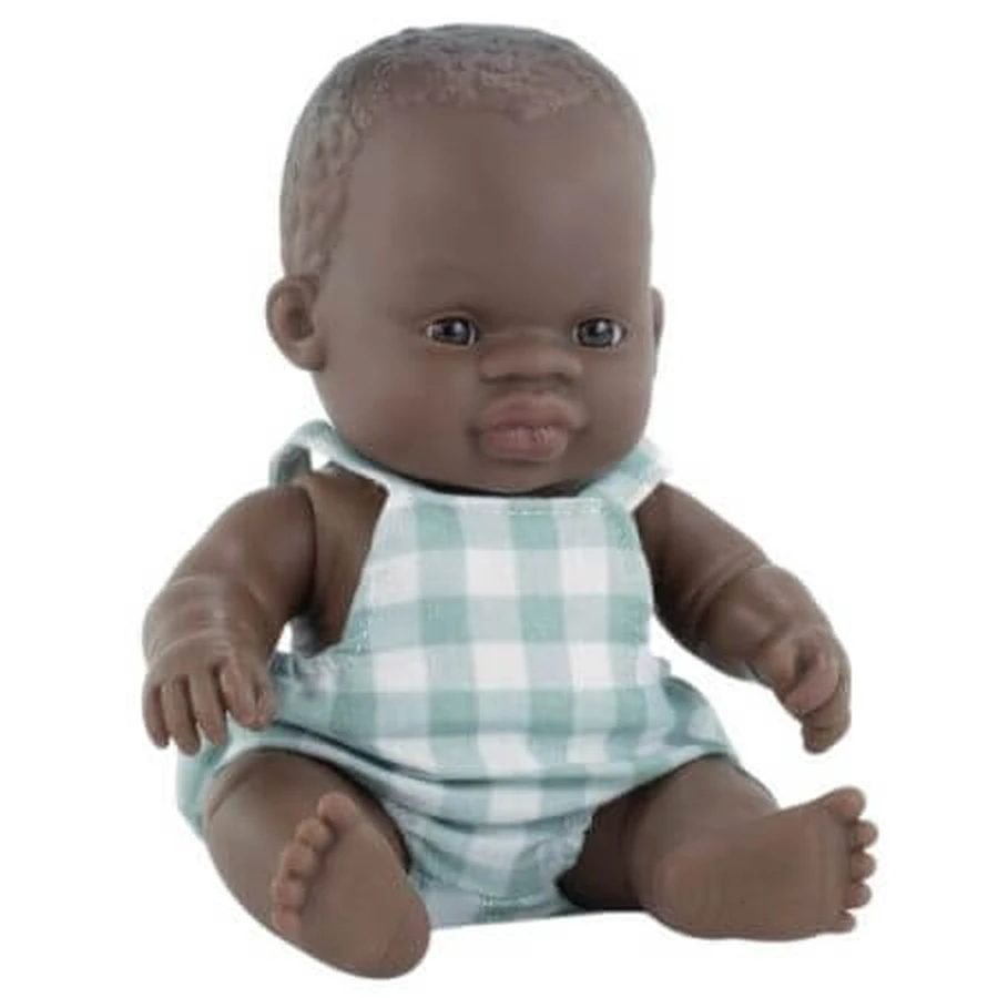 Baby afrikanische Jungenpuppe mit Latzhose My Friends & Me, 21 cm, ab 10 Monaten, Miniland