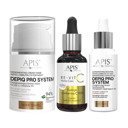 Apis Depiq Pro System set, depigmenting night cream-mask, 50 ml + essence with vitamin C 10%, 30 ml + depigmenting booster, 30 ml for 1 penny
