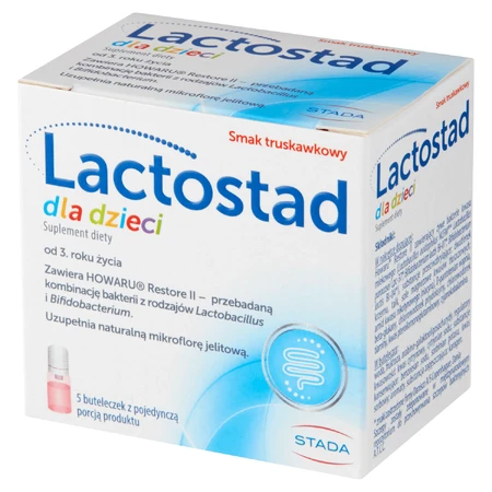 Lactostad dla dzieci od 3 roku, smak truskawkowy, 5 x 7 ml: ceny i cechy
