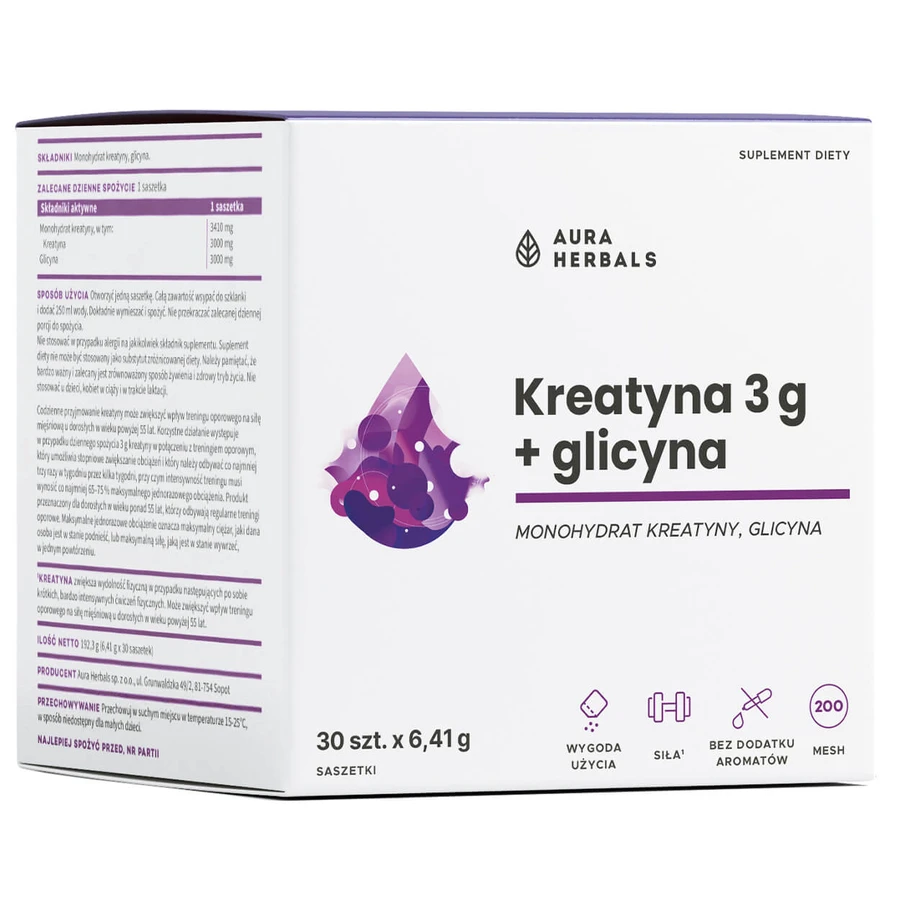 Aura Herbals Creatine 3 g, monohydraat + glycine, 30 sachets