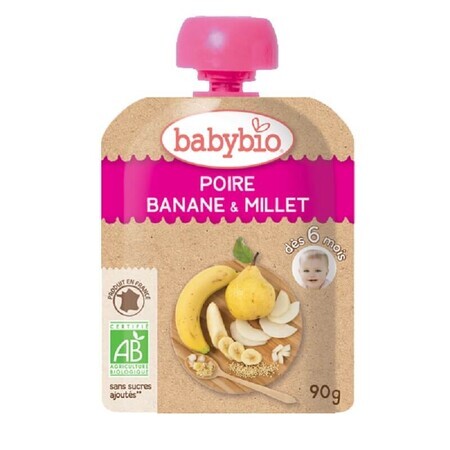 Pochette de purée de poires, bananes et millet, 90 gr, Babybio