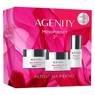 Set Agenity 3° MenoPerfect 2025, crème de jour comblante apaisante, SPF 20, 50 ml + crème de nuit comblante nourrissante, 50 ml + crème comblante et liftante pour les yeux, 15 ml