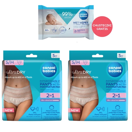 Set Canpol Babies, slip postnatali traspiranti 2 in 1, con assorbente, monouso, taglia S/M, 2 x 5 pezzi + salviette umidificate, 60 pezzi in omaggio