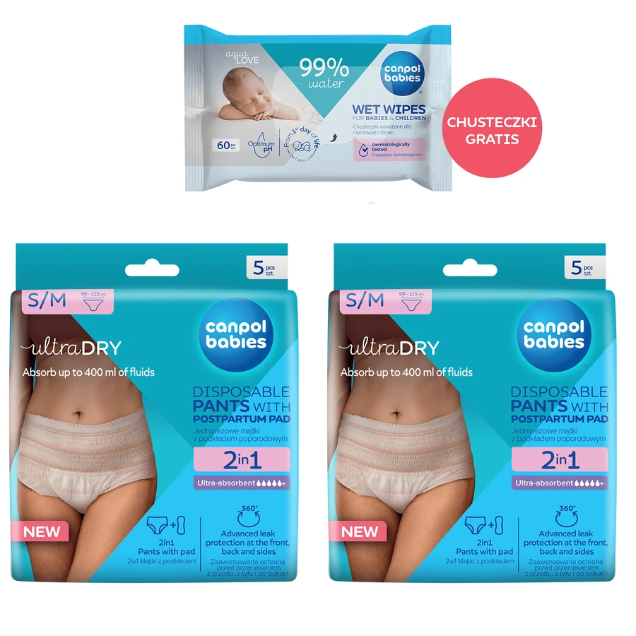Set Canpol Babies, slip postnatali traspiranti 2 in 1, con assorbente, monouso, taglia S/M, 2 x 5 pezzi + salviette umidificate, 60 pezzi in omaggio
