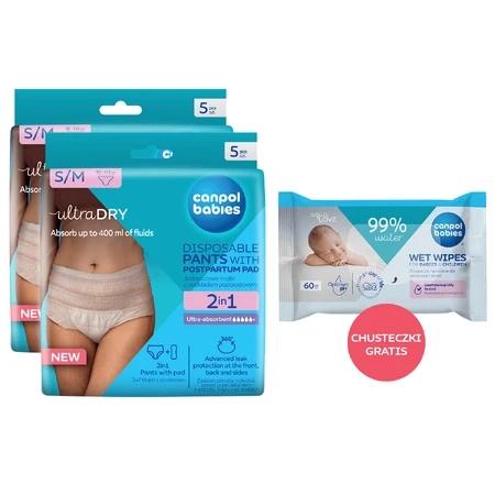 Set Canpol Babies, slip postnatali traspiranti 2 in 1, con assorbente, monouso, taglia S/M, 2 x 5 pezzi + salviette umidificate, 60 pezzi in omaggio