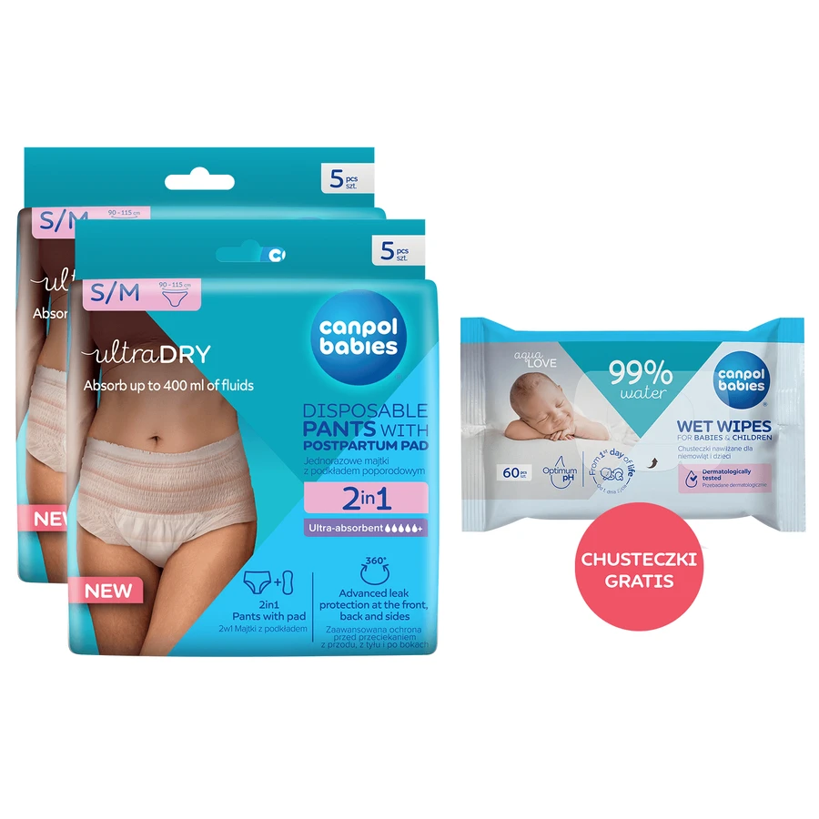 Set Canpol Babies, slip postnatali traspiranti 2 in 1, con assorbente, monouso, taglia S/M, 2 x 5 pezzi + salviette umidificate, 60 pezzi in omaggio