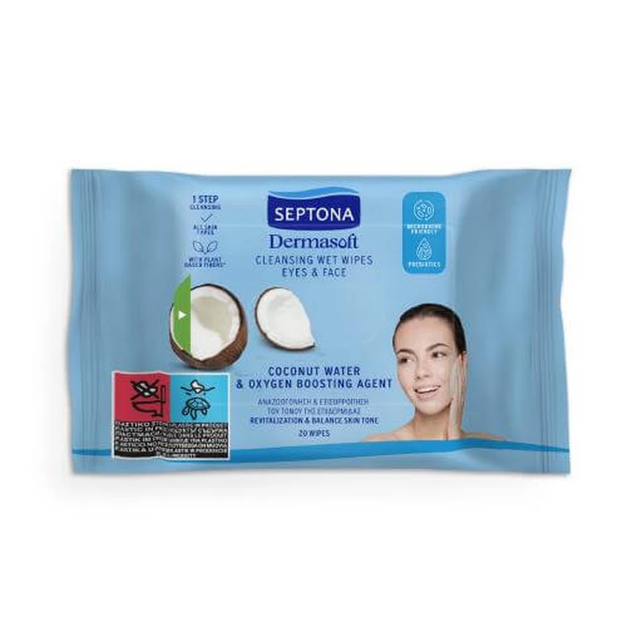 SEPTONA Dermasoft vochtige reinigingsdoekjes met kokoswater voor gezicht en ogen, 20st