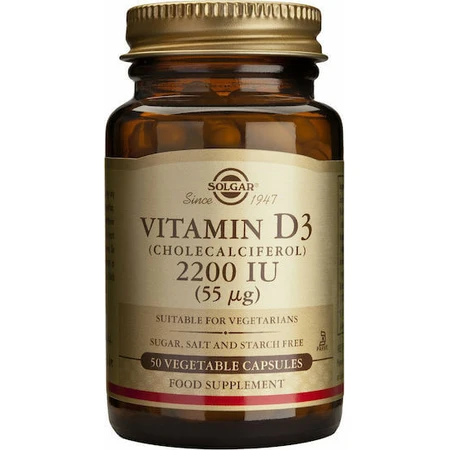 Solgar Vitamin D3 (Cholecalciferol) Vitamina pentru Întărirea Sistemului Imunitar & Sănătatea Oaselor 2200iu 50 capsule veget
