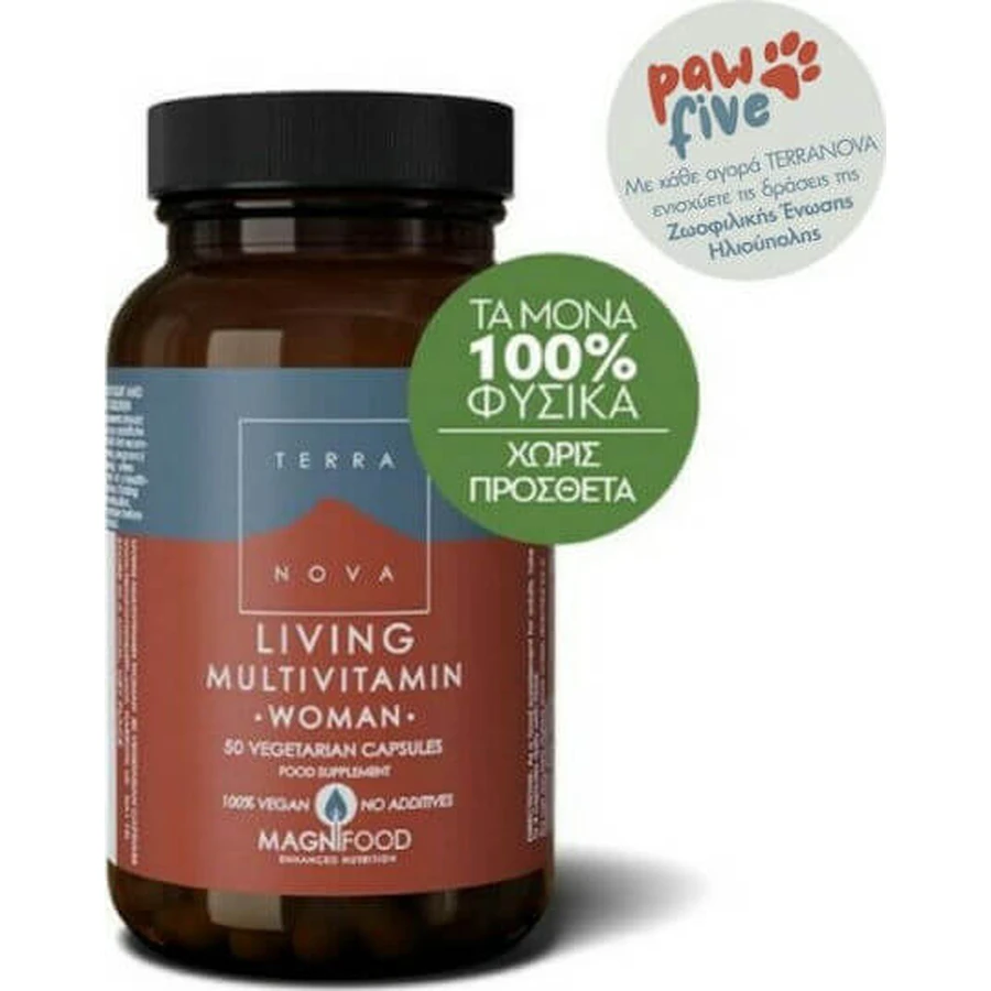 TerraNova Living Multivitamine Vrouw Multivitamine voor Energie, Versterking van het Immuunsysteem & Haar 795mg 50 plantaardige capsules