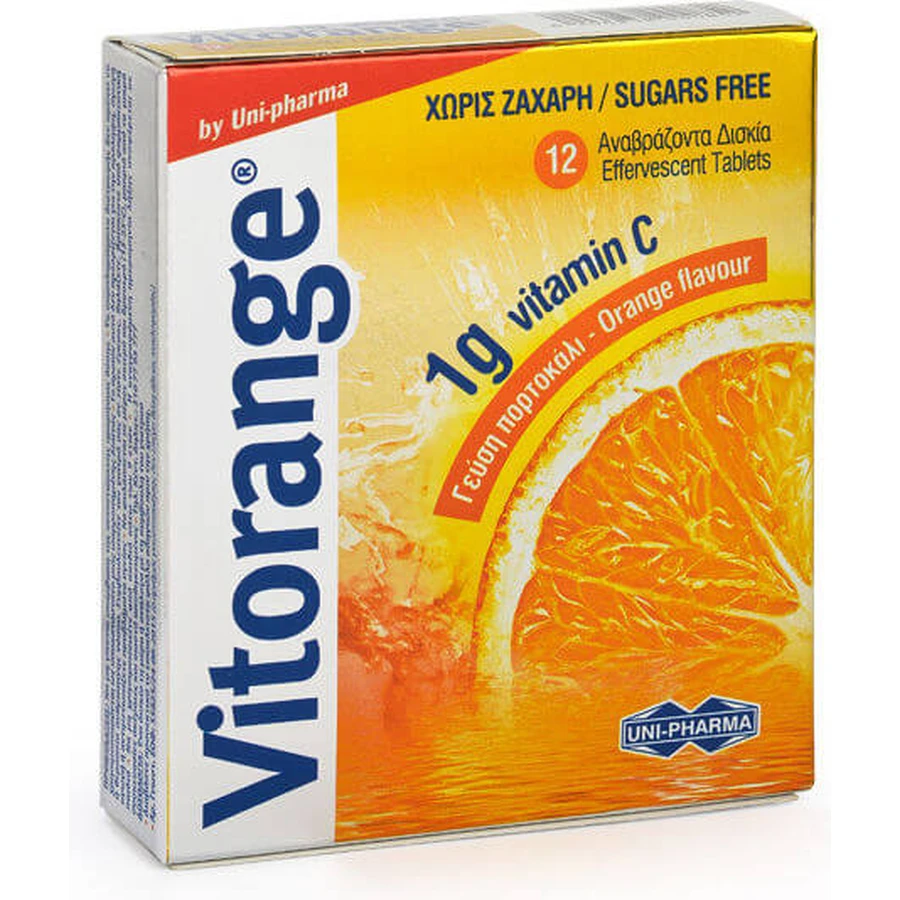 UNI-PHARMA Vitorange Vitamina para reforzar el sistema inmunitario, la piel y la acción antioxidante 1000mg Naranja 12 comprimidos eff