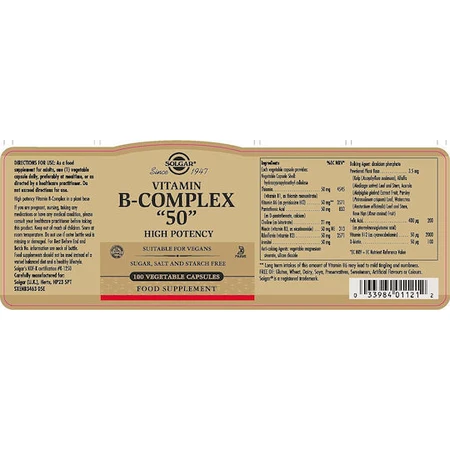 Solgar B-Complex "50" Vitamin for Energy, Immune & Nervous System Strengthening 50mg 50 veget 50 capsules